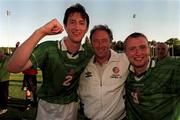 25 July 1999; Republic of Ireland manager Brian Kerr celebrates with players Clive Delaney, left, and captain Gerry Crossley following the UEFA European U18 Championship Finals Third Place Match between Greece and Republic of Ireland at Folkungavallen Stadium in Linköping, Sweden. Photo by David Maher/Sportsfile