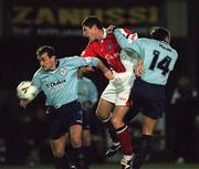 24 September 1999; Colin Hawkins of St Patrick's Athletic in action against Stephen Geoghegan, left, and Pat Fenlon of Shelbourne during the Eircom League Premier Division match between St Patrick's Athletic and Shelbourne at Richmond Park in Inchicore, Dublin. Photo by Brendan Moran/Sportsfile