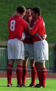 17 October 1999; John Caulfield celebrates with Cork City team-mates Kelvin Flanagan, left, and Pat Morley, right, after scoring his side's second goal during the Eircom League Premier Division match between Shamrock Rovers and Cork City at Morton Stadium in Santry, Dublin. Photo by David Maher/Sportsfile