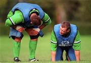 29 September 1999; Justin Fitzpatrick checks on his teammate David Corkery after he injured his eye during an Ireland Rugby training session at King's Hospital in Palmerstown, Dublin. Photo by Aoife Rice/Sportsfile