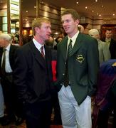 27 September 1999; Aidan Dorgan of Cork and Donal Curtis of Meath during the Bank of Ireland All-Ireland Senior Football Championship Final Post Match Reception at the Burlington Hotel in Ballsbridge, Dublin. Photo by Brendan Moran/Sportsfile