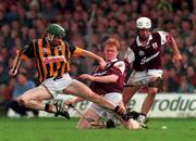 19 September 1999; Jimmy Coogan of Kilkenny in action against Enda Linnane of Galway during the All-Ireland U21 Hurling Championship Final between Kilkenny and Galway at O'Connor Park in Tullamore, Offaly. Photo by Brendan Moran/Sportsfile