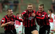 31 October 1999; Glen Crowe celebrates with his Bohemians team-mates Garreth O'Connor, right, and Stephen Caffrey, left, after scoring his side's first goal during the Eircom League Premier Division match between Bohemians and Sligo Rovers at Dalymount Park in Dublin. Photo by David Maher/Sportsfile