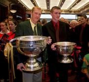 27 September 1999; Meath captain Graham Geraghty, holding the Sam Maguire Cup, and the victorious Down minor captain Liam Doyle, holding the Tom Markham Cup, during the Bank of Ireland All-Ireland Senior Football Championship Final Post Match Reception at the Burlington Hotel in Ballsbridge, Dublin. Photo by Brendan Moran/Sportsfile