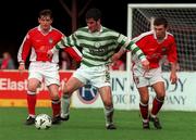 24 October 1999; Graham Lawlor of Shamrock Rovers in action against Martin Rusell, left, and Paul Donnelly of St Patrick's Athletic during the Eircom League Premier Division match between St Patrick's Athletic and Shamrock Rovers at Richmond Park in Inchicore, Dublin. Photo by David Maher/Sportsfile