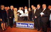 18th September 1999; The Ireland on Sunday Irish Greyhound Derby trophy is presented to the winning connections including Alec Watson, Gerard Watson and grand daughter Tanya Austin after Spring Time won the Ireland on Sunday Irish Greyhound Derby at Shelbourne Park in Dublin. Photo by Brendan Moran/Sportsfile