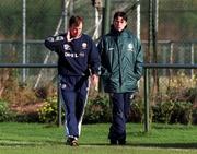 9 November 1999; Ian Harte, right, and team physiotherapist Ciaran Murray during a Republic of Ireland training session at the AUL Grounds in Clonshaugh, Dublin. Photo by Brendan Moran/Sportsfile
