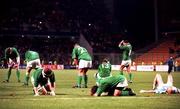 20 October 1999; Dejected Ireland players following the Rugby World Cup Quarter-Final Play-Off match between Argentina and Ireland at Stade Felix Bollaert in Lens, France. Photo by Matt Browne/Sportsfile