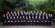 28 September 1999; The Ireland Rugby World Cup squad photographed at Finnstown House in Lucan, Dublin prior to the 1999 Rugby World Cup. Back row, from left, Willie Bennett, Brian O'Meara, Brian O’Driscoll, Ross Nesdale, Justin Bishop, Tom Tierney, Angus McKeen, Justin Fitzpatrick, Mike Mullins, James Topping, Gordon D’Arcy and Steve Aboud. Middle Row, from left, Craig White, John Redmond, David Humphreys, Kevin Maggs, Andy Ward, Matt Mostyn, Bob Casey, Malcolm O’Kelly, Jeremy Davidson, Trevor Brennan, Reggie Corrigan, Eric Miller, Kieron Dawson, Paddy 'Rala' O’Reilly, Donal O’Donoghue and Denise Flanagan. Front row, from left, David Corkery, Jonathan Bell, Peter Clohessy, Conor O’Shea, Head coach Warren Gatland, Manager Donal Lenihan, Captain Dion O'Cuinneagain, IRFU President Philip Danaher, Keith Wood, Paddy Johns, Eric Elwood and Paul Wallace. Photo by Matt Browne/Sportsfile