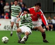 24 October 1999; Jason Colwell of Shamrock Rovers in action against Martin Russell of St Patrick's Athletic during the Eircom League Premier Division match between St Patrick's Athletic and Shamrock Rovers at Richmond Park in Inchicore, Dublin. Photo by David Maher/Sportsfile