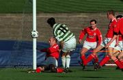 30 October 1999; Brian Byrne of Shamrock Rovers scores his side's goal despite the efforts from Paul Doolin of Shelbourne during the Eircom League Premier Division match between Shamrock Rovers and Shelbourne at Morton Stadium in Santry, Dublin. Photo by Damien Eagers/Sportsfile