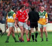 8 August 1999; John Troy of Offaly reacts towards referee Dickie Murphy during the Guinness All-Ireland Senior Hurling Championship Semi-Final match between Cork and Offaly at Croke Park in Dublin. Photo by Brendan Moran/Sportsfile