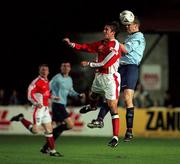 24 September 1999; Marcus Hallows of St Patrick's Athletic in action against Tony McCarthy of Shelbourne during the Eircom League Premier Division match between St Patrick's Athletic and Shelbourne at Richmond Park in Inchicore, Dublin. Photo by Brendan Moran/Sportsfile