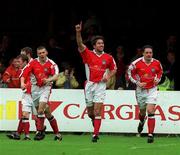 24 October 1999; Marcus Hallows, second from right, celebrates after scoring his side's goal with his St Patrick's Athletic team-mates, from left, Trevor Molloy, Trevor Croly and Eddie Gormley during the Eircom League Premier Division match between St Patrick's Athletic and Shamrock Rovers at Richmond Park in Inchicore, Dublin. Photo by David Maher/Sportsfile