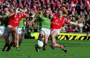 26 September 1999; Ollie Murphy of Meath in action against Anthony Lynch, right, and Ciaran O'Sullivan of Cork during the Bank of Ireland All-Ireland Senior Football Championship Final between Meath and Cork at Croke Park in Dublin. Photo by Matt Browne/Sportsfile