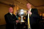 27 September 1999; Meath manager Sean Boylan and captain Graham Geraghty hold up the Sam Maguire Cup during the Bank of Ireland All-Ireland Senior Football Championship Final Post Match Reception at the Burlington Hotel in Ballsbridge, Dublin. Photo by Brendan Moran/Sportsfile