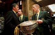 27 September 1999; Meath captain Graham Geraghty holding the Sam Maguire Cup with GAA President elect Sean McCague, left, on their arrival at the Bank of Ireland All-Ireland Senior Football Championship Final Post Match Reception at the Burlington Hotel in Ballsbridge, Dublin. Photo by Brendan Moran/Sportsfile