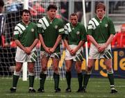 31 March 1993; Republic of Ireland players, from left, Ray Houghton, Andy Townsend, Terry Phelan and Steve Staunton defend a free kick during the FIFA World Cup Qualifying Group 3 match between Republic of Ireland and Northern Ireland at Lansdowne Road in Dublin. Photo by Ray McManus/Sportsfile