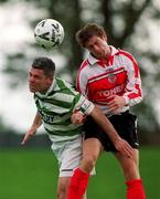 26 September 1999; Tony Cousins of Shamrock Rovers in action against Paul Bonnar of Sligo Rovers during the Eircom League Premier Division match between Shamrock Rovers and Sligo Rovers at Morton Stadium in Santry, Dublin. Photo by Damien Eagers/Sportsfile
