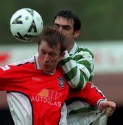 24 October 1999; Trevor Molloy of St Patrick's Athletic in action against Terry Palmer of Shamrock Rovers during the Eircom League Premier Division match between St Patrick's Athletic and Shamrock Rovers at Richmond Park in Inchicore, Dublin. Photo by David Maher/Sportsfile
