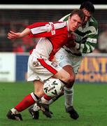 24 October 1999; Trevor Molloy of St Patrick's Athletic in action against Terry Palmer of Shamrock Rovers during the Eircom League Premier Division match between St Patrick's Athletic and Shamrock Rovers at Richmond Park in Inchicore, Dublin. Photo by David Maher/Sportsfile