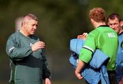 29 September 1999; Coach Warren Gatland speaks with Jonathan Bell during an Ireland Rugby training session at King's Hospital in Palmerstown, Dublin. Photo by Aoife Rice/Sportsfile