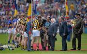 7 September 2014; JJ Delaney introduces himself to the President of Ireland Michael D. Higgins and Uachtarán Chumann Lúthchleas Gael Liam Ó Néill before the game. GAA Hurling All Ireland Senior Championship Final, Kilkenny v Tipperary. Croke Park, Dublin. Picture credit: Ray McManus / SPORTSFILE