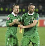 7 September 2014; Aiden McGeady, left, Republic of Ireland, celebrates with Marc Wilson, at the end of the game. UEFA EURO 2016 Championship Qualifer, Group D, Georgia v Republic of Ireland. Boris Paichadze National Arena, Tbilisi, Georgia. Picture credit: David Maher / SPORTSFILE