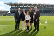 7 September 2014; Liam O'Neill with, from left, Maireád Ó Cullaghan, Secretary of Cumann na mBunscoil, Cara O'Shea, St. Pius X Girl's NS, Templogue, Dublin, Aileen Lawlor, President of the Camogie Association, and Sean McMahon, President of the I.N.T.O. INTO/RESPECT Exhibition GoGames. Croke Park, Dublin. Picture credit: Pat Murphy / SPORTSFILE