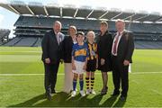 7 September 2014; Liam O'Neill with, from left, Maireád Ó Cullaghan, Secretary of Cumann na mBunscoil, Diarmuid O'Carroll, Knockavilla, Donaskeigh, Tipperary, Aoife Mulhall, Conaghy Shamrock's, Kilkenny, Aileen Lawlor, President of the Camogie Association, and Sean McMahon, President of the I.N.T.O. INTO/RESPECT Exhibition GoGames. Croke Park, Dublin. Picture credit: Pat Murphy / SPORTSFILE