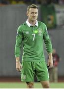 7 September 2014; Aiden McGeady, Republic of Ireland, has a laser pointed at his chest during the game as he prepares to take a free kick. UEFA EURO 2016 Championship Qualifer, Group D, Georgia v Republic of Ireland. Boris Paichadze National Arena, Tbilisi, Georgia. Picture credit: David Maher / SPORTSFILE