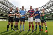 8 September 2014; In attendance at the Ulster Bank League Season Launch are, from left, Jonathan Slattery, Old Belvedere, John Fitzgerald, Dolphin, Emmet McMahon, UCD, Ben Reilly, Clontarf, Kevin Sheahan, St Mary's and Aaron Kerins, Ballynahinch. Aviva Stadium, Lansdowne Road, Dublin. Picture credit: Ramsey Cardy / SPORTSFILE