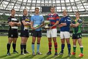 8 September 2014; In attendance at the Ulster Bank League Season Launch are, from left, Jonathan Slattery, Old Belvedere, John Fitzgerald, Dolphin, Emmet McMahon, UCD, Ben Reilly, Clontarf, Kevin Sheahan, St Mary's and Aaron Kerins, Ballynahinch. Aviva Stadium, Lansdowne Road, Dublin. Picture credit: Ramsey Cardy / SPORTSFILE