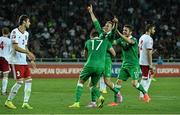 7 September 2014; Aiden McGeady, centre, Republic of Ireland, celebrates after scoring his side's second and winning goal witih team-mates Stephen Ward and Robbie Brady. UEFA EURO 2016 Championship Qualifer, Group D, Georgia v Republic of Ireland. Boris Paichadze National Arena, Tbilisi, Georgia. Picture credit: David Maher / SPORTSFILE