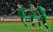 7 September 2014; Republic of Ireland's Aiden McGeady, left, celebrates after scoring his side's second and winning goal witih team-mates Robbie Brady and Stephen Ward. UEFA EURO 2016 Championship Qualifer, Group D, Georgia v Republic of Ireland. Boris Paichadze National Arena, Tbilisi, Georgia. Picture credit: David Maher / SPORTSFILE