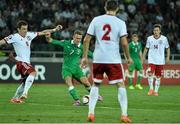 7 September 2014; Aiden McGeady, Republic of Ireland, shoots to score his side's second goal. UEFA EURO 2016 Championship Qualifer, Group D, Georgia v Republic of Ireland. Boris Paichadze National Arena, Tbilisi, Georgia. Picture credit: David Maher / SPORTSFILE