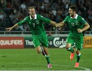 7 September 2014; Aiden McGeady, left, Republic of Ireland, celebrates after scoring his side's second and winning goal witih team-mate Robbie Brady. UEFA EURO 2016 Championship Qualifer, Group D, Georgia v Republic of Ireland. Boris Paichadze National Arena, Tbilisi, Georgia. Picture credit: David Maher / SPORTSFILE