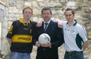 22 January 2007; Eight players hoping to be involved in the upcoming AIB All-Ireland Club Championship semi-finals were in Dublin to launch the second stage of the AIB GAA Community Challenge. Pictured with Billy Finn, Executive, AIB, centre, are Colm Cooper, left, Dr. Crokes, Killarney, Co. Kerry and Adrian Brett, St Brendan's, London. Ely Place, Dublin. Picture credit: Brendan Moran / SPORTSFILE