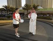 24 January 2007; Ross Munnelly, Laois, demonstrates Gaelic Football to Ahmed Atiya, an employee of the Royal Meridien Hotel. Royal Meridien Hotel, Dubai, United Arab Emirates. Picture credit: Ray McManus / SPORTSFILE