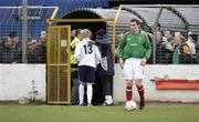 27 January 2007; Lisburn Distillery's Stuart Thompson is escorted off the pitch after he got a red card. Carnegie Premier League, Lisburn Distillery v Glentoran, New Grosvenor Stadium, Ballyskeagh Road, Co Down. Picture Credit: Russell Pritchard / SPORTSFILE
