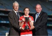 10 September 2014;  Reigning ladies single champion Catriona Casey, Cork, in attendance at the 2014 M Donnelly 60x30 Championship Finals launch with Uachtarán GAA Handball Willie Roche and Uachtarán Chumann Lúthchleas Gael Liam Ó Néill. Croke Park, Dublin. Picture credit: Stephen McCarthy / SPORTSFILE