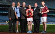 10 September 2014; Reigning ladies single champion Catriona Casey, Cork, with reigning Senior Men's Champion Robbie McCarthy, Westmeath, right, and 2014 Senior Finalist and 8 time Senior Singles Champion Eoin Kennedy, left, in attendance at the 2014 M Donnelly 60x30 Championship Finals launch with sponsor Martin Donnelly, left, Uachtarán GAA Handball Willie Roche and Uachtarán Chumann Lúthchleas Gael Liam Ó Néill. Croke Park, Dublin. Picture credit: Stephen McCarthy / SPORTSFILE