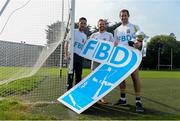 11 September 2014; A host of Kilmacud Crokes stars, past and present, were on hand in Kilmacud Crokes as the 2014 FBD 7's was launched. This is the 42nd year of Ireland's premier 7's tournament which has become a firm favourite in the GAA calendar for both players and supporters alike. In attendance at the 2014 FBD7s launch are, from left, former Donegal footballer Mark McHugh with former Dublin and current Kilmacud Crokes footballers Mark Vaughan and Darren Magee. Kilmacud Crokes GAA Club, Burke Park, Glenalbyn, Stillorgan, Co. Dublin. Picture credit: Brendan Moran / SPORTSFILE