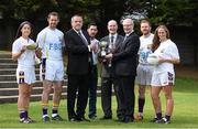 11 September 2014; A host of Kilmacud Crokes stars, past and present, were on hand in Kilmacud Crokes as the 2014 FBD 7's was launched. This is the 42nd year of Ireland's premier 7's tournament which has become a firm favourite in the GAA calendar for both players and supporters alike. In attendance at the 2014 FBD7s launch, from left, Molly Lamb, Darren Magee, Sean Fox, Chairman, Football Section, Kilmacud Crokes, Mark McHugh, Mick Durcan, Michael Garvey, Director of Marketing & Sales, FBD, Mark Vaughan and Ann Marie McBarron. Kilmacud Crokes GAA Club, Burke Park, Glenalbyn, Stillorgan, Co. Dublin. Picture credit: Brendan Moran / SPORTSFILE
