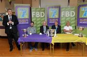 11 September 2014; A host of Kilmacud Crokes stars, past and present, were on hand in Kilmacud Crokes as the 2014 FBD 7's was launched. This is the 42nd year of Ireland's premier 7's tournament which has become a firm favourite in the GAA calendar for both players and supporters alike. Speaking at the 2014 FBD7s launch is Sean Fox, Chairman, Football Section, Kilmacud Crokes, in the company of, from left, former Donegal footballer Mark McHugh, Michael Garvey, Director of Marketing & Sales, FBD, Pat Quill, President, Ladies Gaelic Football Association and Andy Kettle, Chairman, Dublin County Board. Kilmacud Crokes GAA Club, Burke Park, Glenalbyn, Stillorgan, Co. Dublin. Picture credit: Brendan Moran / SPORTSFILE