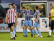 12 September 2014; Alan McNally, Drogheda United, is congratulated by team-mate Gavan Holohan, right, after scoring his side's first goal. FAI Ford Cup, Quarter-Final, Drogheda United v Derry City, United Park, Drogheda, Co. Louth. Photo by Sportsfile