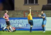 12 September 2014; Peter McGlynn, Drogheda United, is shown a red card and sent off by referee Derek Tomney. FAI Ford Cup, Quarter-Final, Drogheda United v Derry City, United Park, Drogheda, Co. Louth. Photo by Sportsfile
