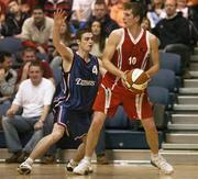 27 January 2007; Vlad Ignatavicius, Tolka Rovers, in action against Shane O'Connell, Blue Demons. Men's Senior National Cup Final, Blue Demons, Cork v Tolka Rovers, Dublin, National Basketball Arena, Tallaght, Dublin. Picture credit: Brendan Moran / SPORTSFILE