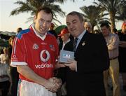 27 January 2007; GAA President Nickey Brennan presents a commerative medal to Seamus Moynihan, Kerry, after the game.  Vodafone GAA All Stars Tour 2007, Vodafone All Stars Exhibition Game, Vodafone GAA All Stars 2005 v Vodafone GAA All Stars 2006, Dubai Polo and Equestrian Club, Arabian Ranches, Dubai, United Arab Emirates. Picture credit: Ray McManus / SPORTSFILE