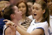 28 January 2007; Team Montenotte Hotel Cork players Donna Buckley, left, and Emma Gallagher celebrate after the game. Women's Superleague National Cup Final, UL Aughinish, Limerick v Team Montenotte Hotel Cork, National Basketball Arena, Tallaght, Dublin. Picture credit: Brendan Moran / SPORTSFILE